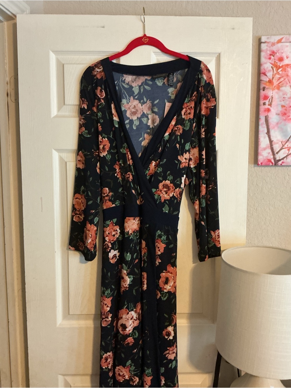 Nina Leonard Navy Floral V-Neck Dress with Peach Blossoms